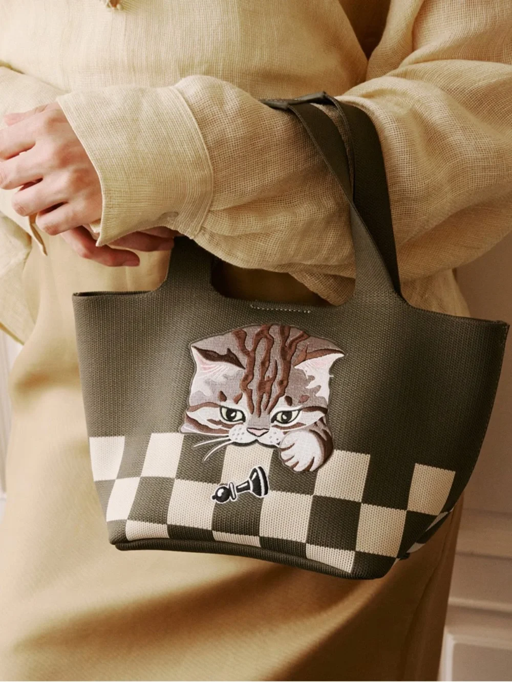 NEW Vivaia The Mini Tote Anita Army Green Checker Board Cat Crossbody Bag